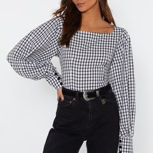 Checked puff sleeve blouse